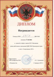 Диплом за 1 место в лыжной эстафете среди работников учреждений ДВО РАН / спартакиада - 2015