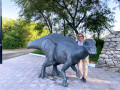 к.г.-м.н. Л.Г. Бондаренко рядом со скульптурой Керберозавра Манакина на остановке городского транспорта в Благовещенске