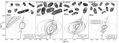 Рис. 2. Катодолюминисцентные изображения цирконов (вверху) и их диаграммы конкордий (внизу). Белые овалы на фото – области анализа
