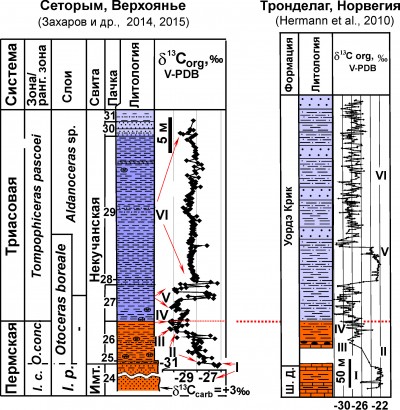 Рис. 6. Корреляция пограничных слоев перми и триаса Бореальной области (Верхоянье и Норвегия) по палеонтологическим и изотопным данным