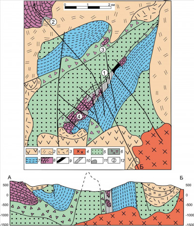 Рис. 3 Схема геологического строения центральной части Дальнегорского рудного района, по Голозубову В.В. (2006), с изменениями и дополнениями.